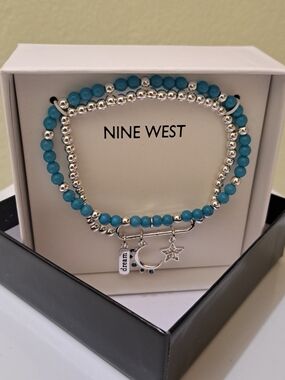 Nine West Turquoise and Silver Tone  Charm Bracelet Set